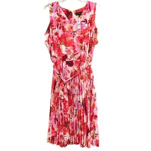 Lane Bryant Sz 28 NEW Floral Print Pleated Midi Dress Pink & Red Sleeveless Plus